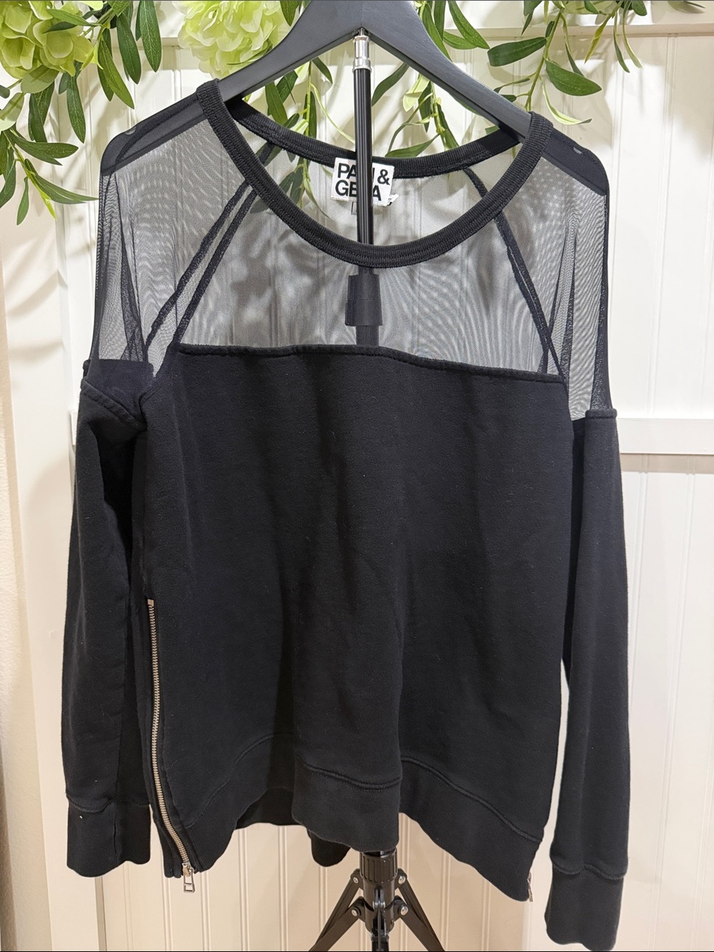 #1050 PAM & GELA Black Top Sheer Mesh-Panel, Cool Side Zippers Sweatshirt
